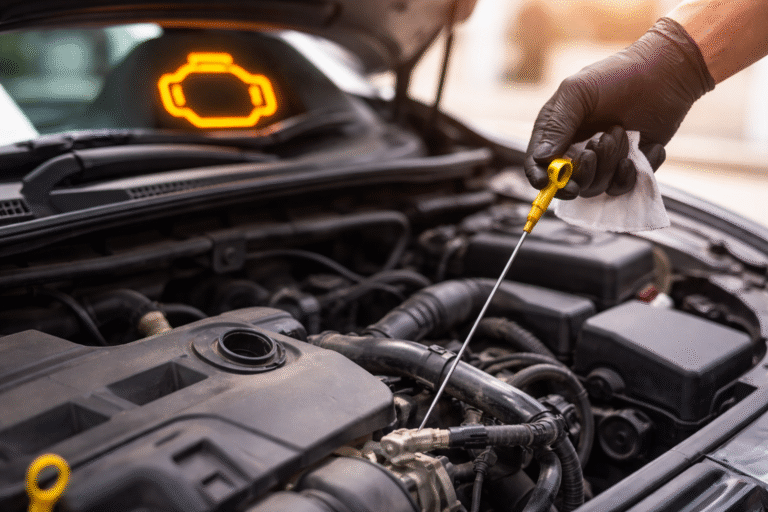 Mechanic checking engine oil in a car with check engine light on
