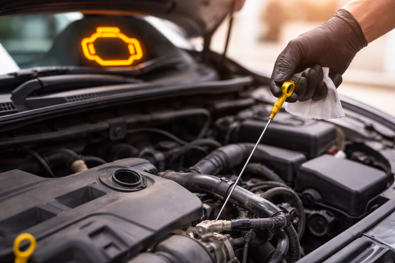 Mechanic checking engine oil in a car with check engine light on