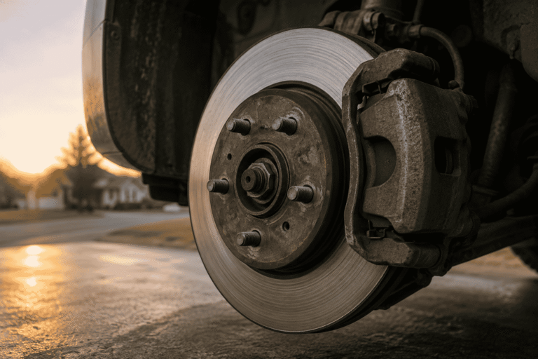 Close-up of a car brake rotor and brake caliper with light surface rust after sitting overnight, illustrating morning brake squeaking.