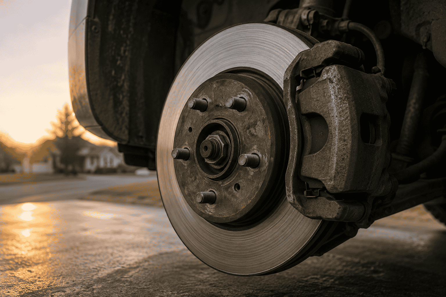 Close-up of a car brake rotor and brake caliper with light surface rust after sitting overnight, illustrating morning brake squeaking.