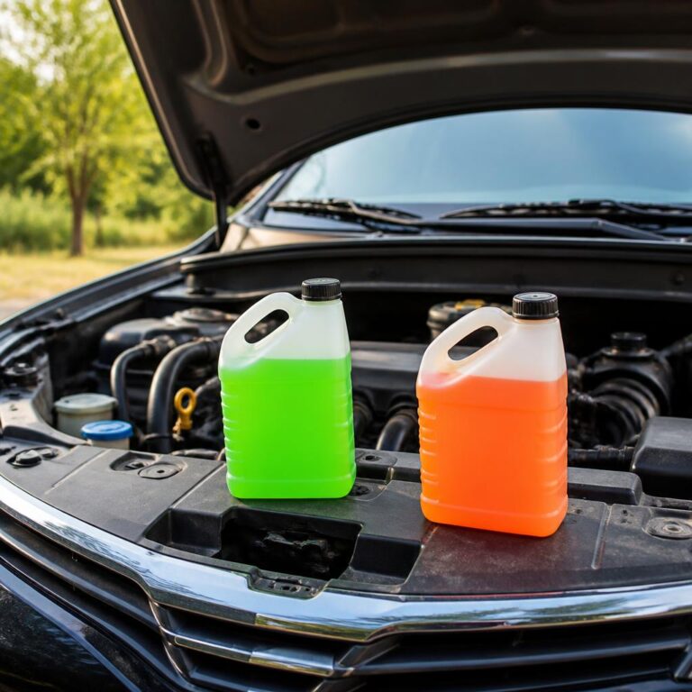 Green and orange engine coolant containers for comparison