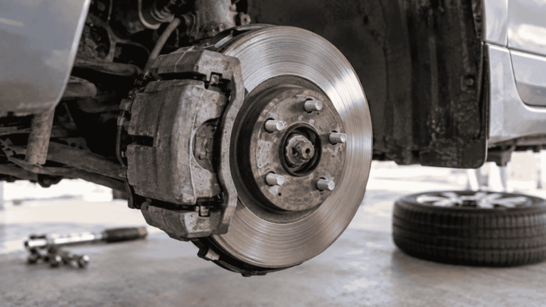 Car brake rotor and worn brake pads showing grinding damage