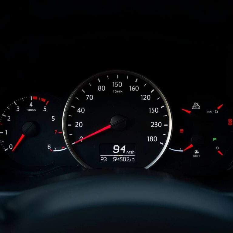Car dashboard with check engine warning light illuminated