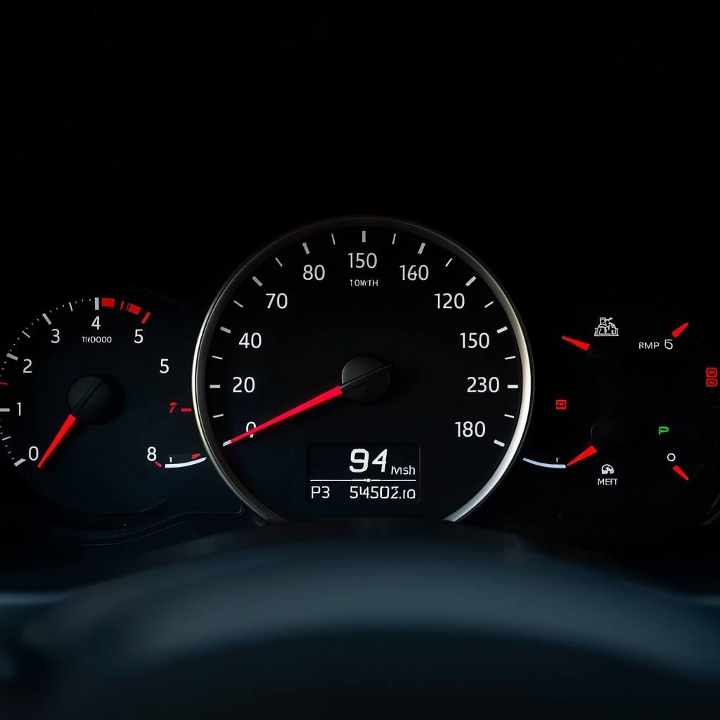 Car dashboard with check engine warning light illuminated