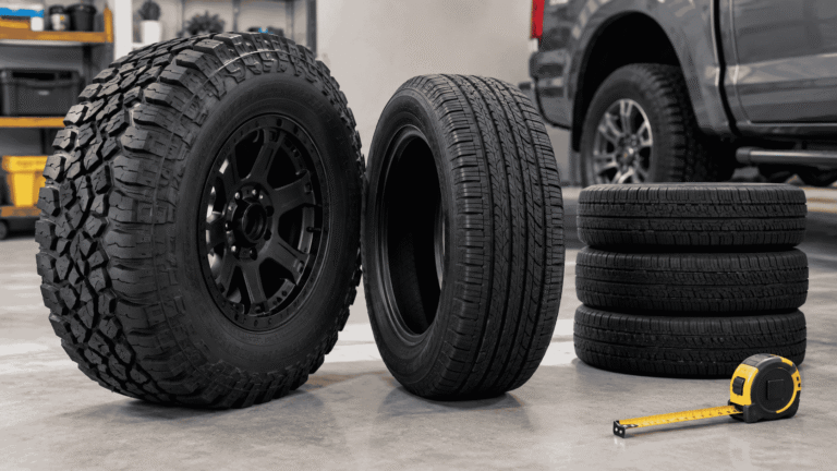 33-inch off-road tire mounted on a wheel with metric tire size comparison