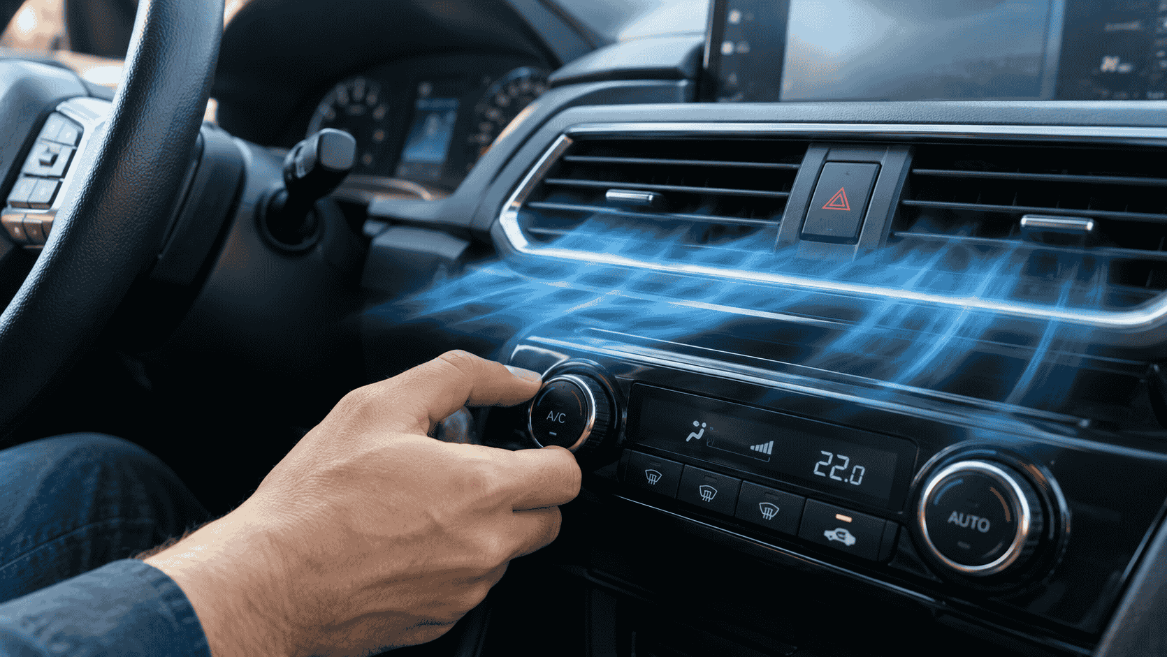 Car dashboard with air conditioning vents blowing warm air after refrigerant recharge