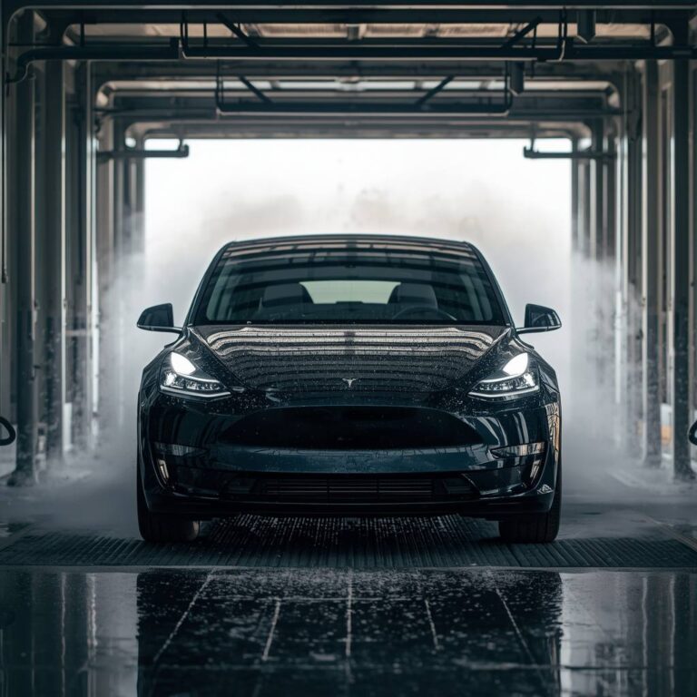 Tesla Model Y going through an automatic car wash