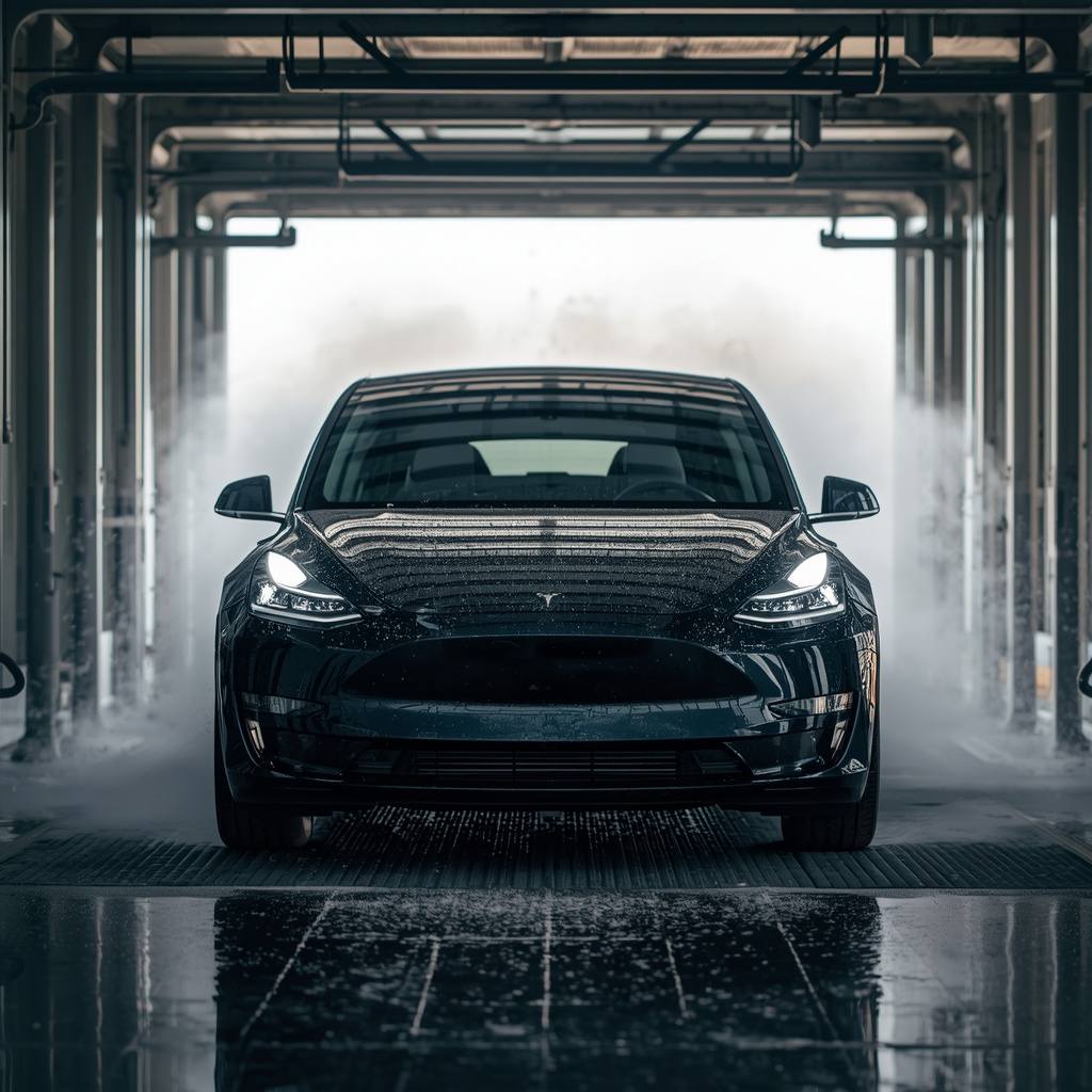 Tesla Model Y going through an automatic car wash