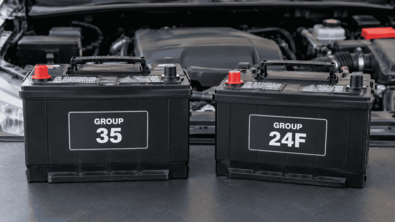 Group 24F and Group 35 car batteries side by side for size comparison