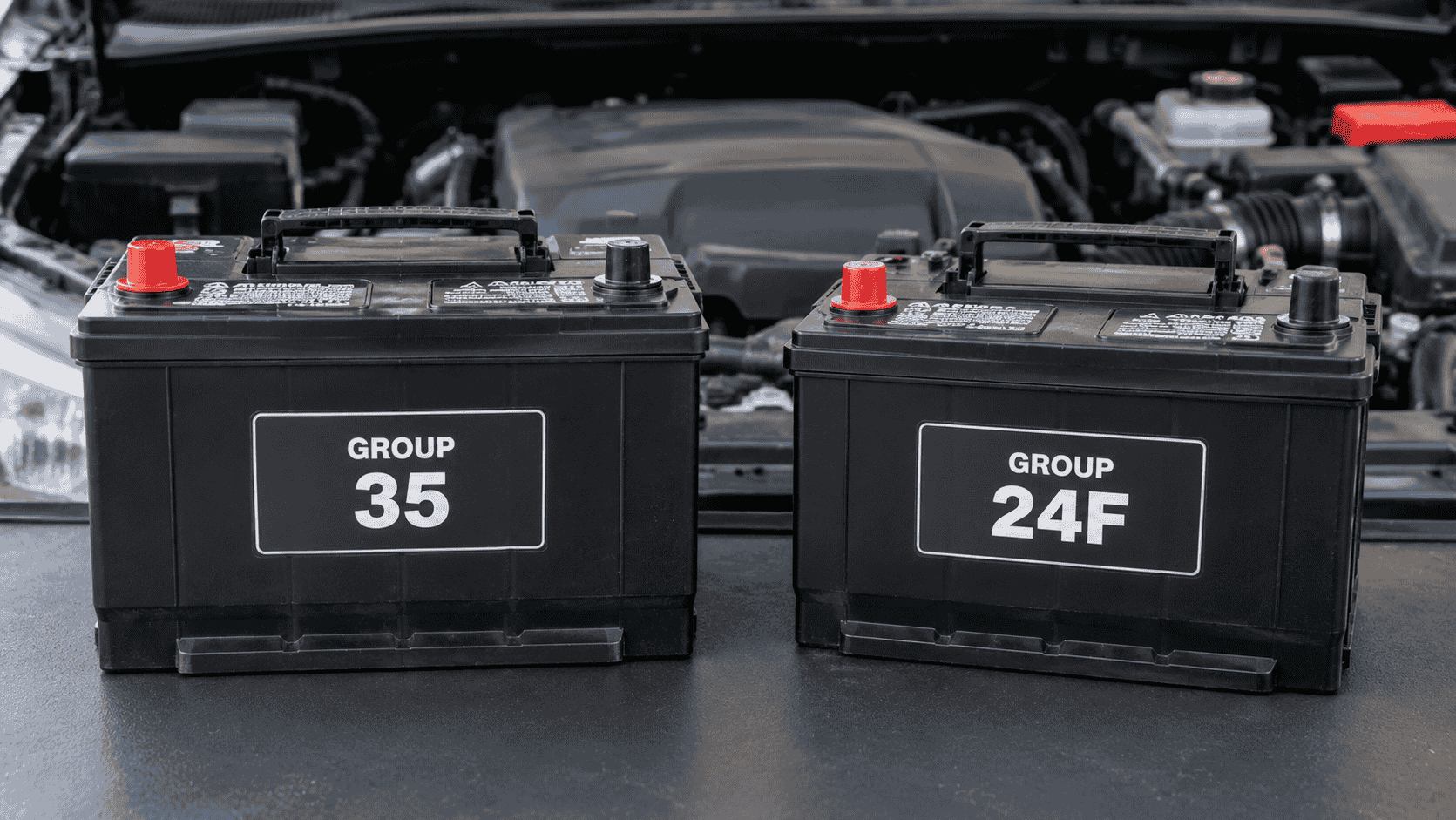 Group 24F and Group 35 car batteries side by side for size comparison