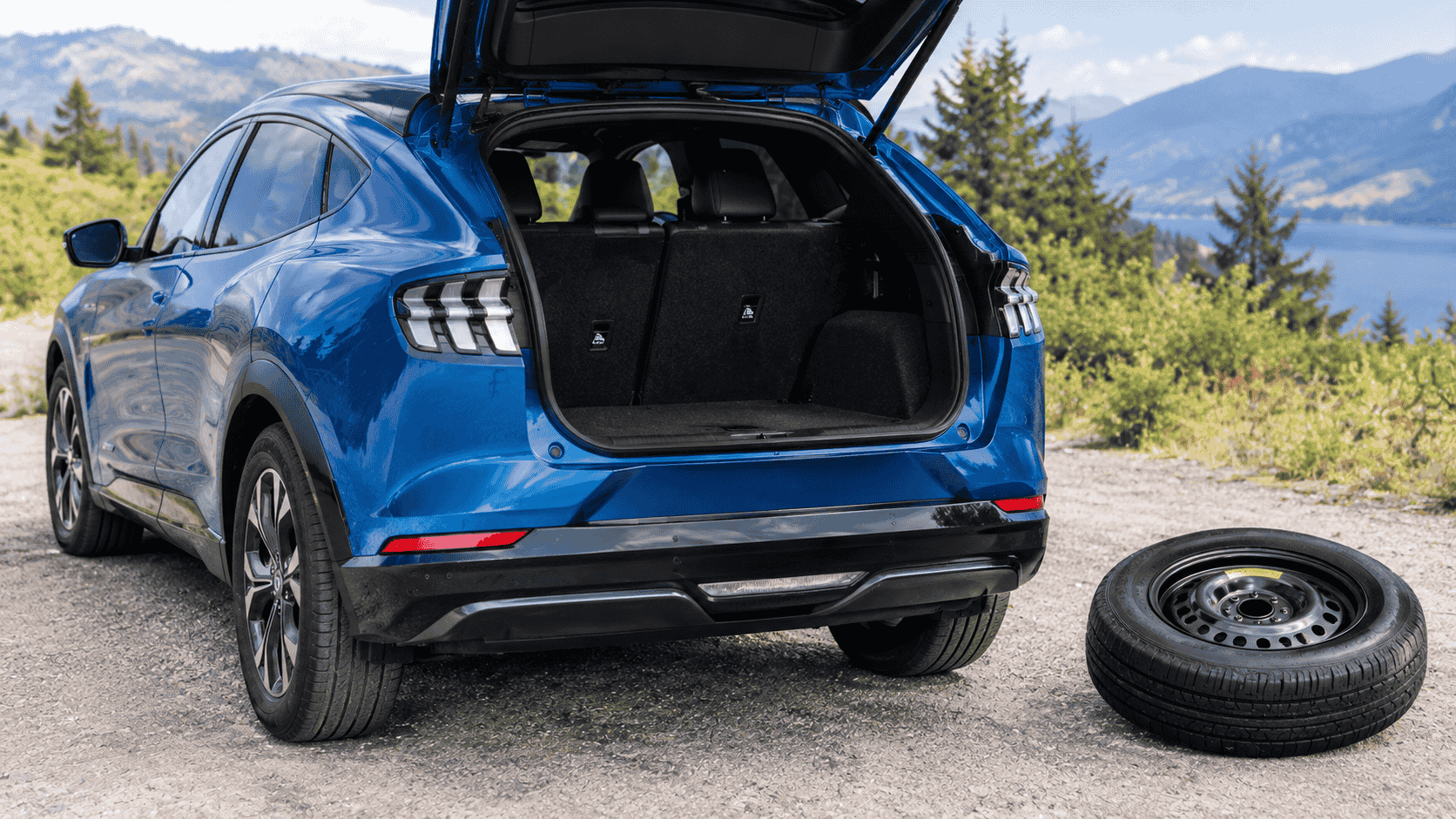 Ford Mustang Mach-E with tire repair kit and rear cargo area