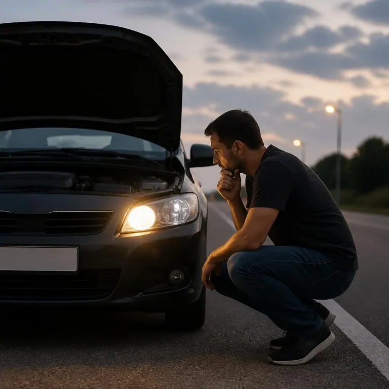 Car headlights dimming while the air conditioning runs, with the engine bay visible