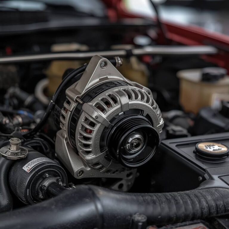 Car alternator inside an engine bay with battery warning light illuminated