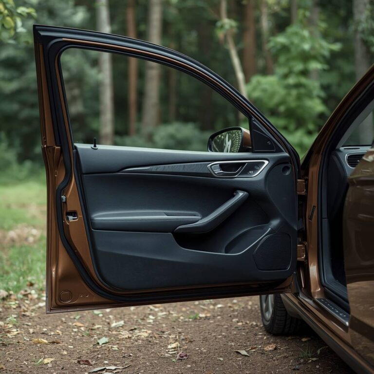 Car door showing its frame, window, and interior components