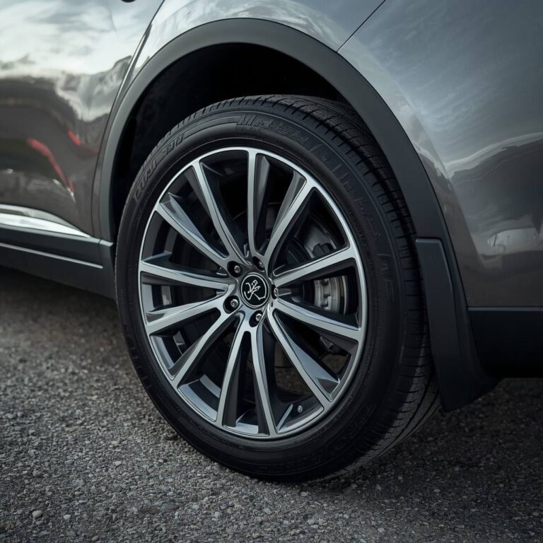 Car tire showing its size and rubber construction