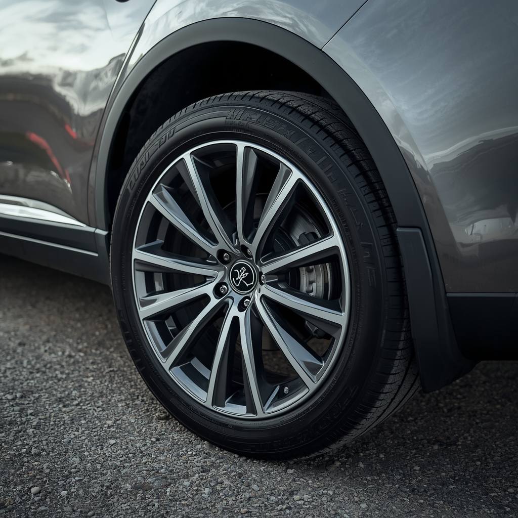 Car tire showing its size and rubber construction