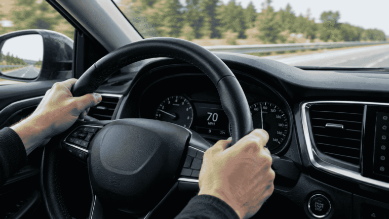 Car driving on a highway at 70 mph with wheels and tires in focus